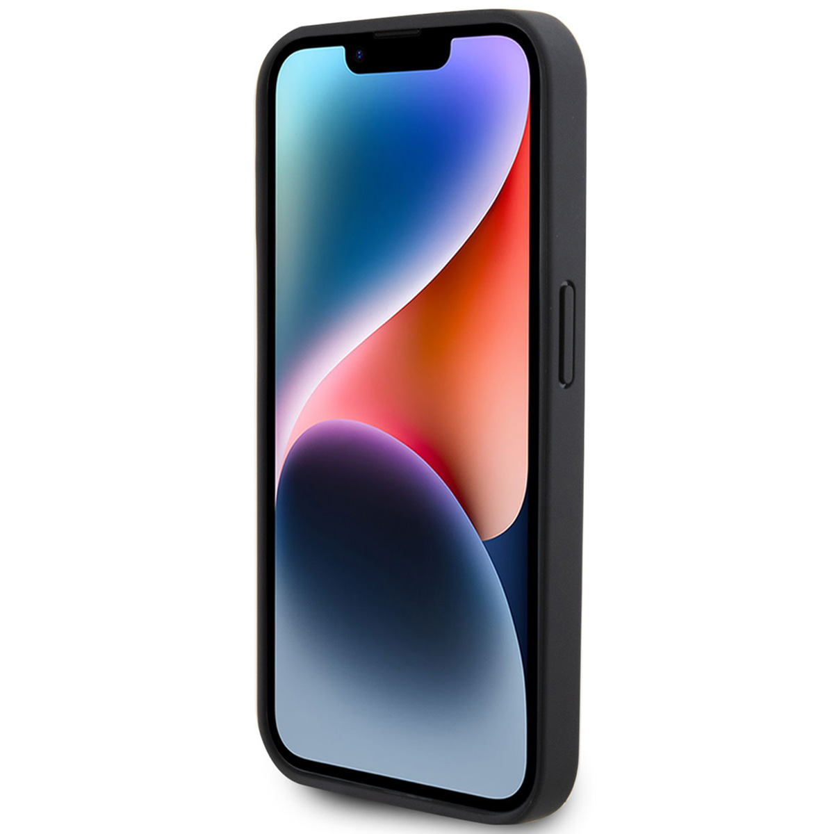 Un iPhone nero in una custodia nera. Ha uno schermo che mostra una grafica colorata. Vista laterale.