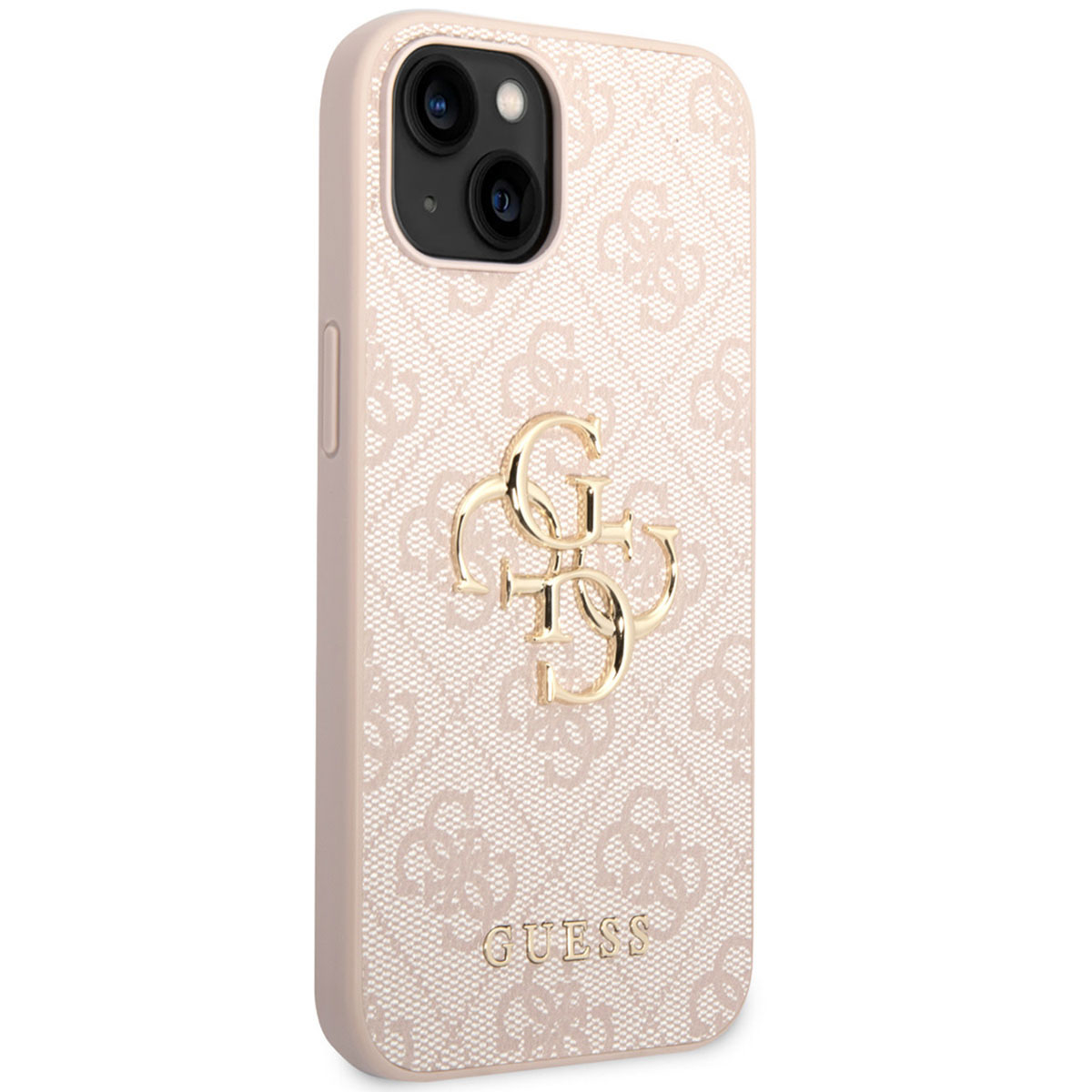 Handyhülle mit rosa Spitzendesign und goldenem Guess-Logo. Der Hintergrund ist weiß.