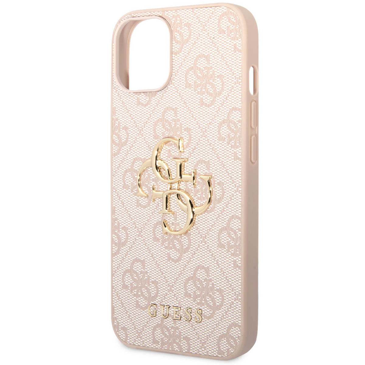 Eine rosa Guess-Handyhülle mit goldenem Logo und Kettenmuster, auf weißem Hintergrund.