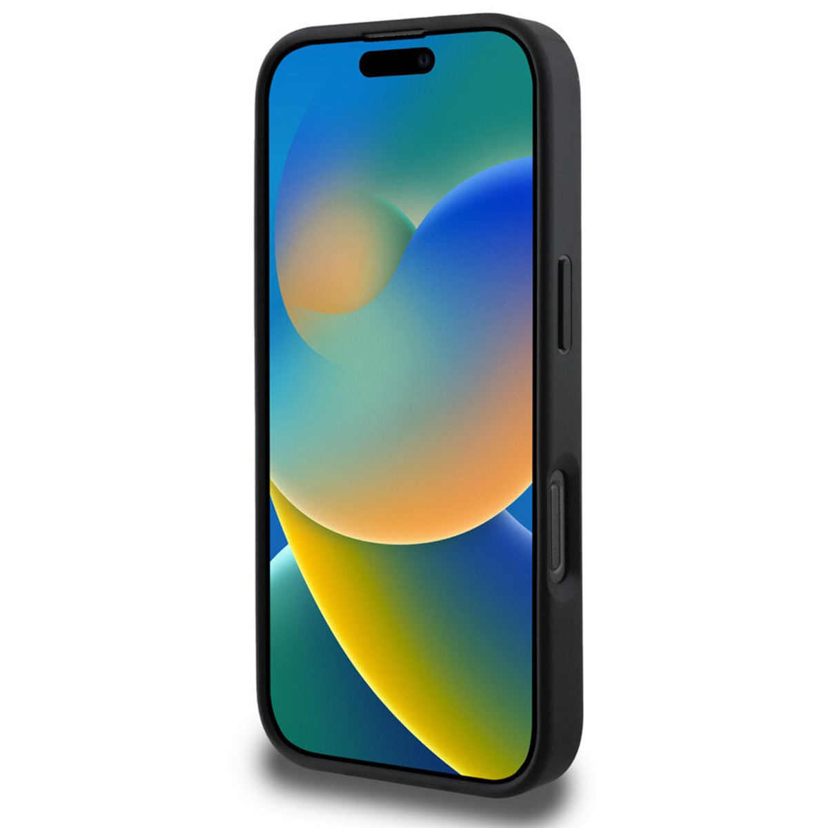 Schwarzes Telefon in schwarzem Gehäuse. Der Bildschirm zeigt ein farbenfrohes Hintergrundbild.