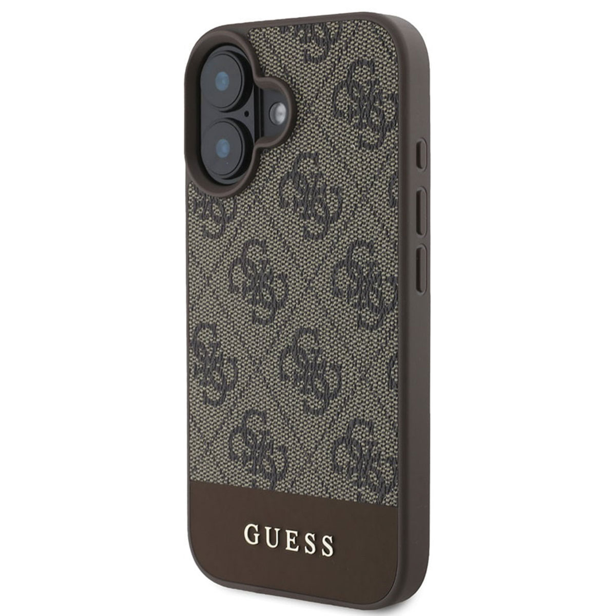 Custodia per telefono con motivo logo Guess marrone e parte inferiore marrone.