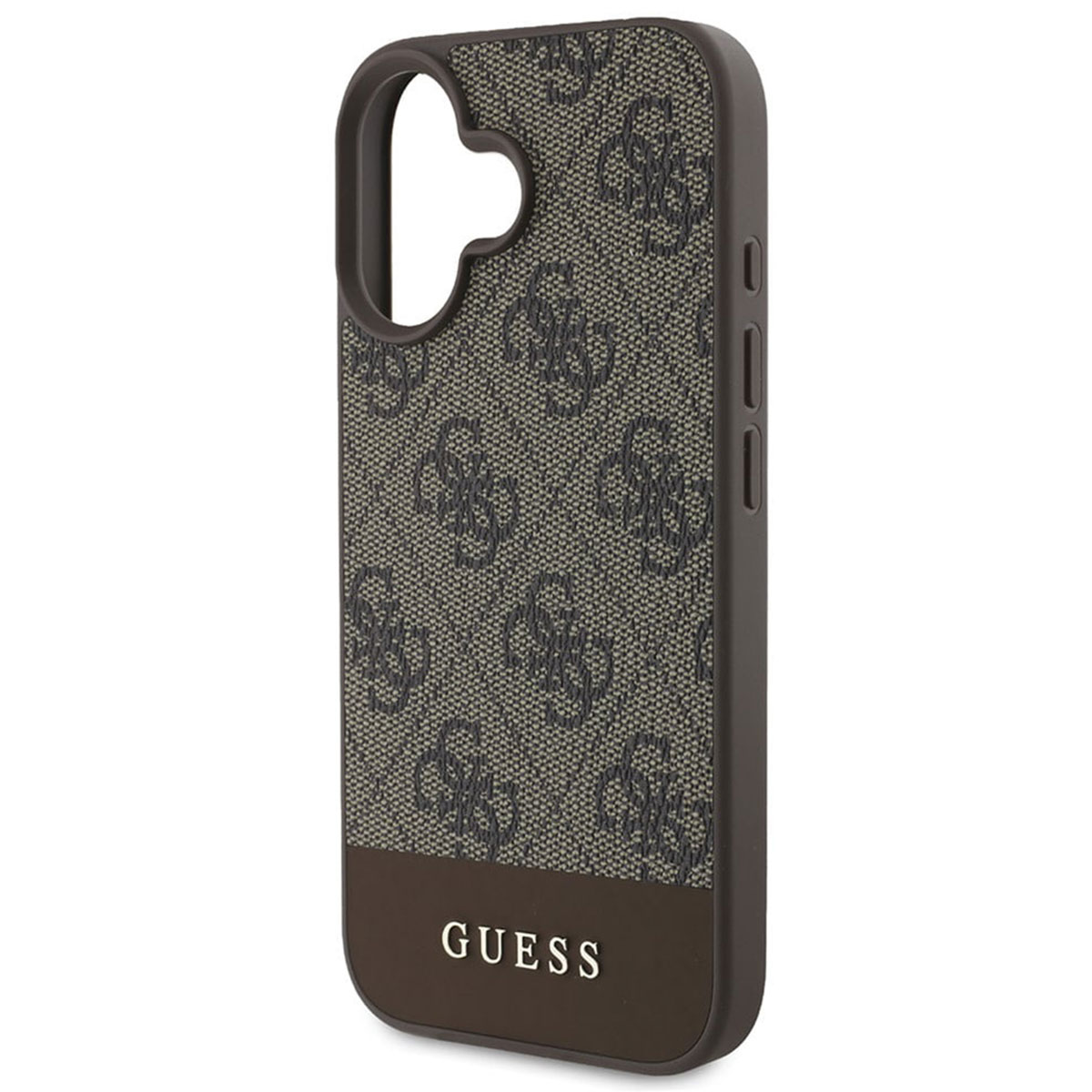 Una custodia per telefono Guess con un motivo marrone e grigio.