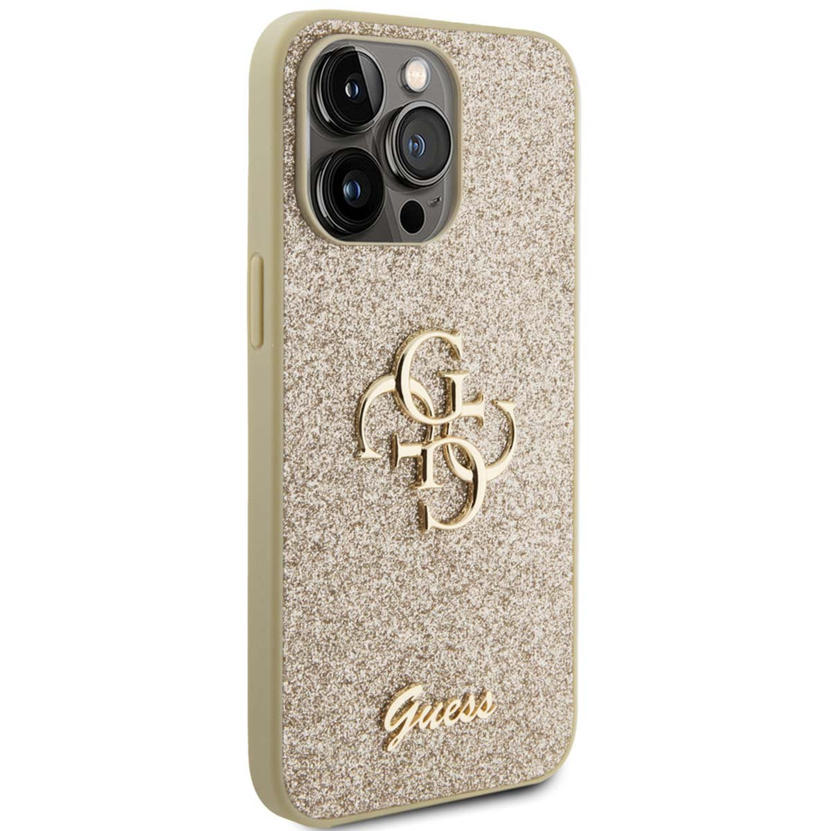 Handyhülle mit glitzernder goldener Oberfläche und goldenem Guess-Logo.