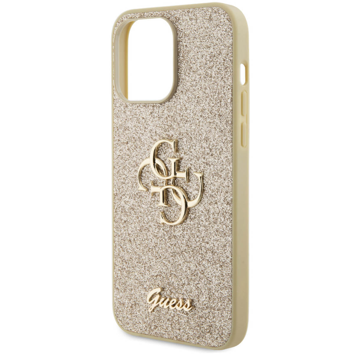 Goldfarbene Glitzer-Handyhülle mit Guess-Logo. Eine Handyhülle mit goldfarbenem Glitzerdesign.