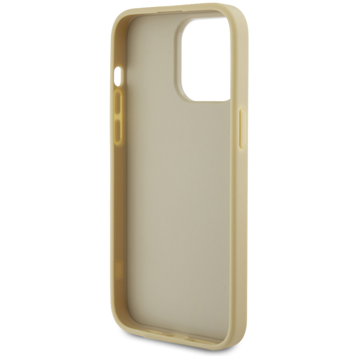 Eine beige Handyhülle, mit einem Kameraausschnitt und Ausschnitten für die Seitentasten. Die Innenseite ist hellbeige.