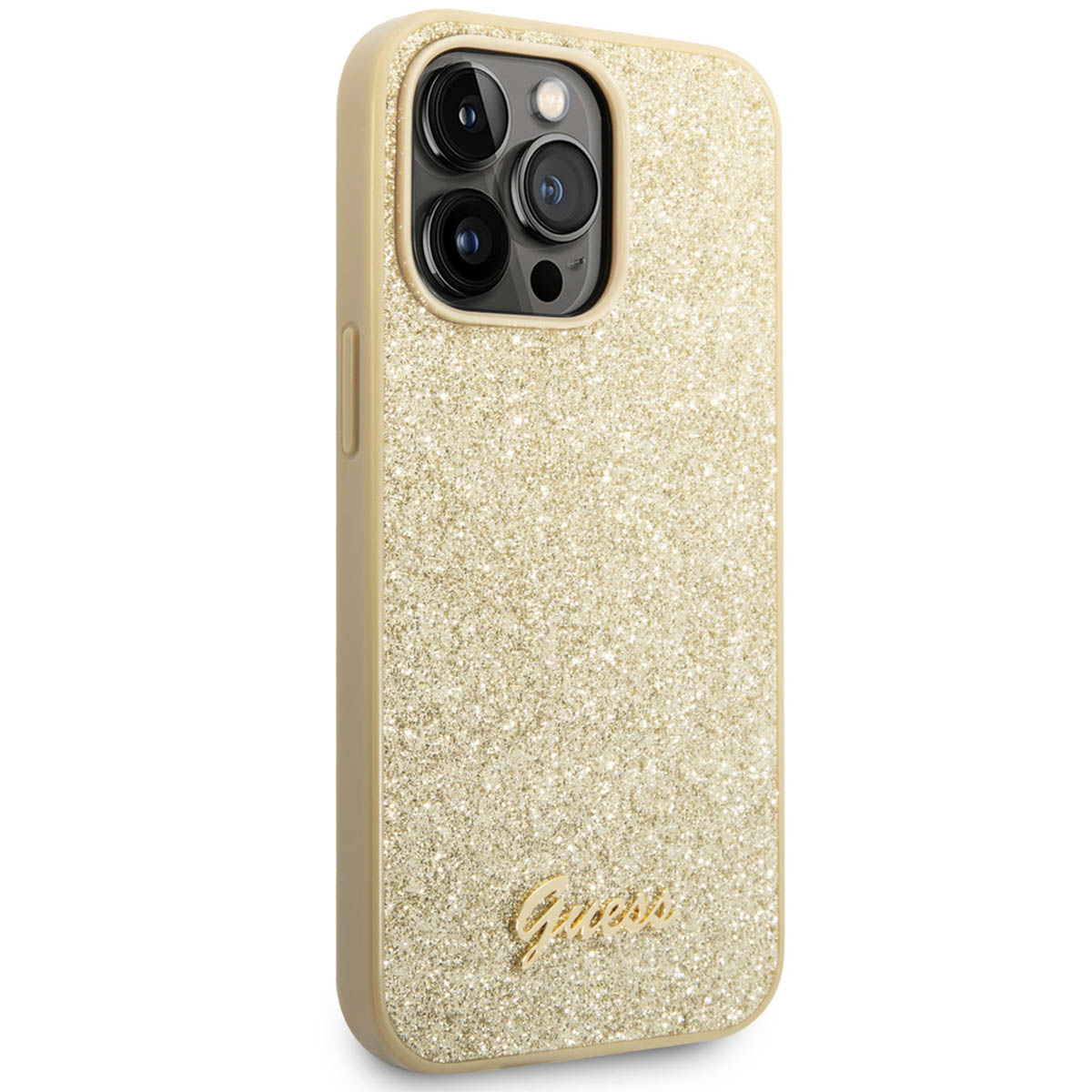 Eine goldfarbene Glitzer-Handyhülle mit drei Kameraausschnitten und dem Guess-Logo.