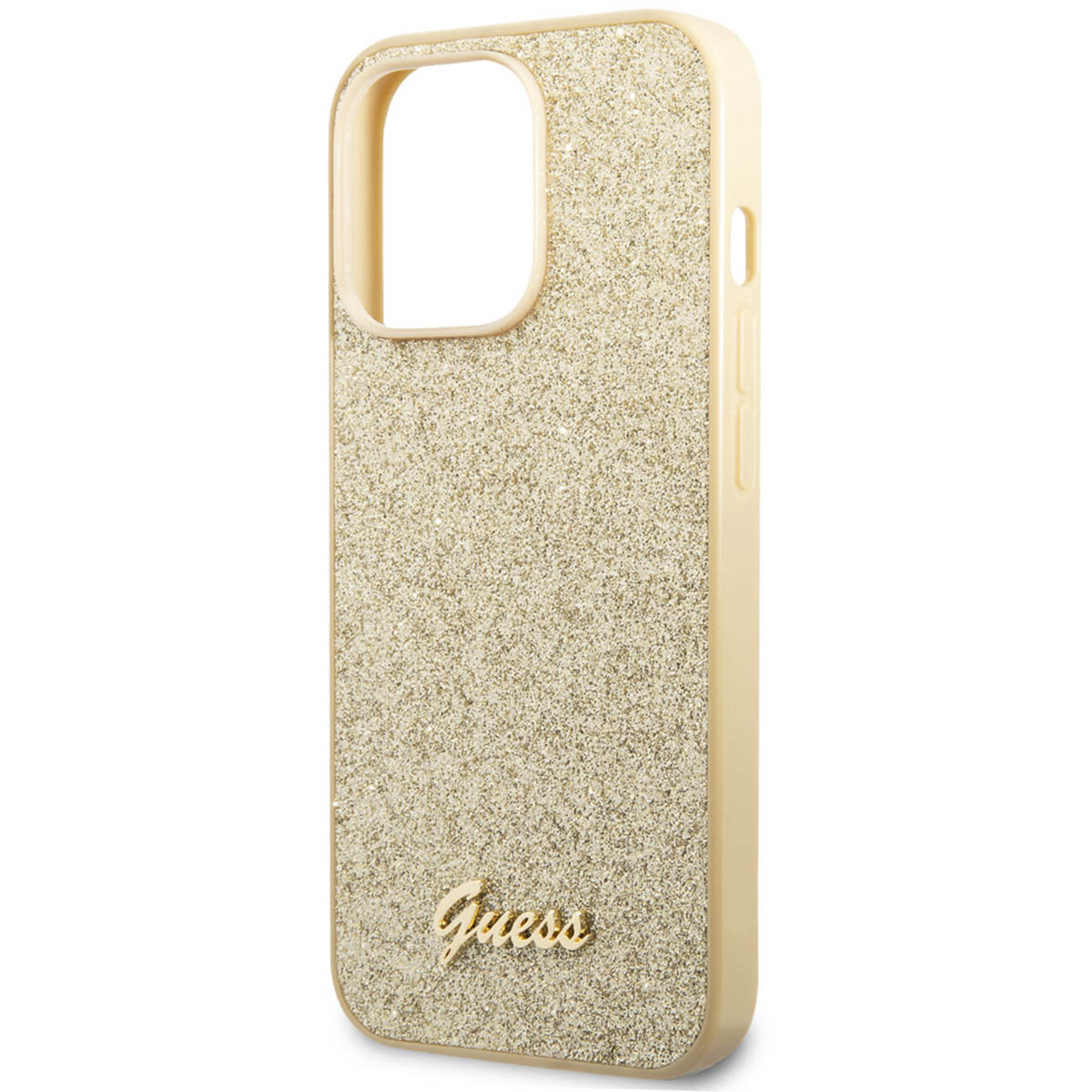 Eine goldene glitzernde Guess-Handyhülle auf cremefarbenem Hintergrund, mit Guess-Logo.