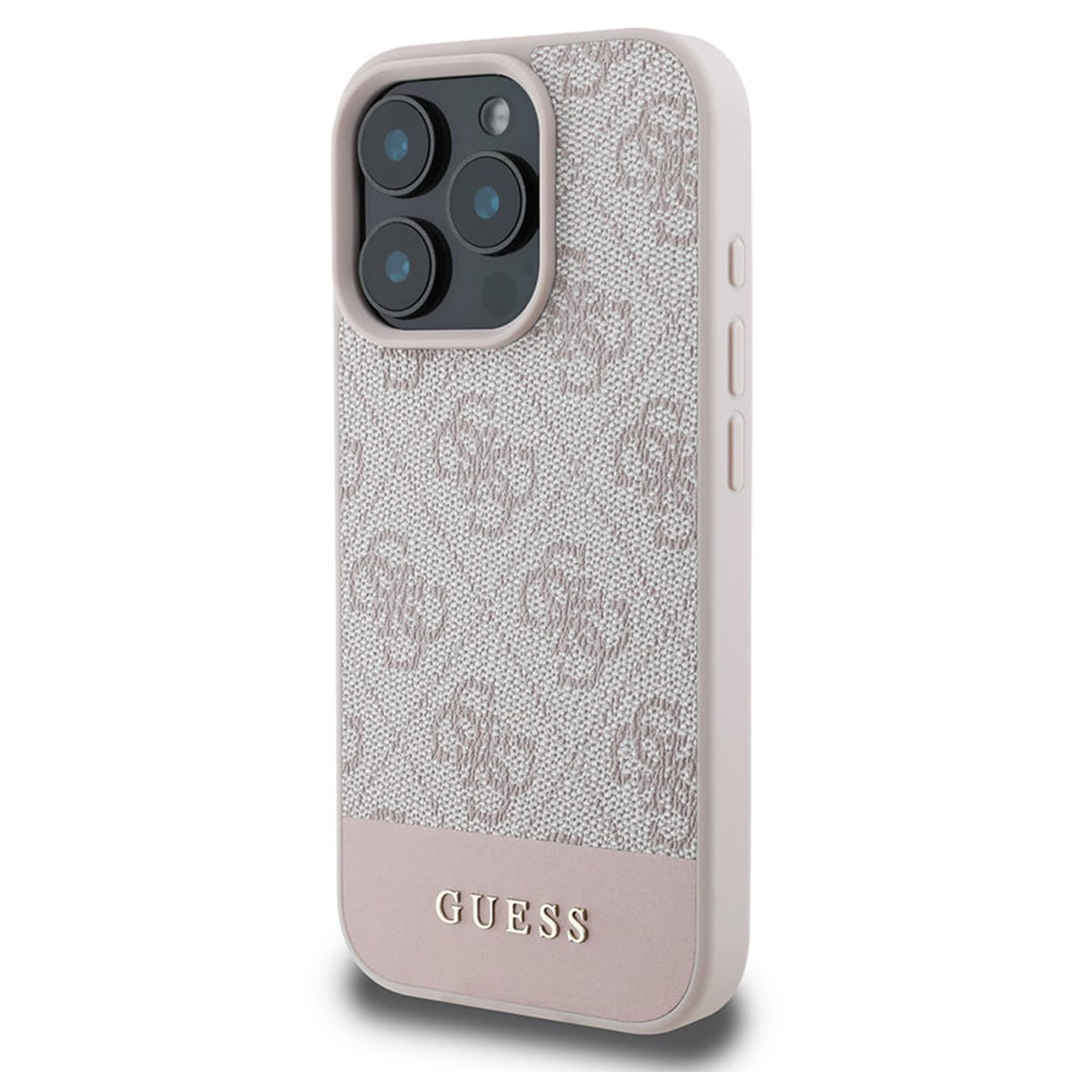 Custodia per telefono con motivo logo Guess in beige e nero. La custodia è su sfondo bianco.
