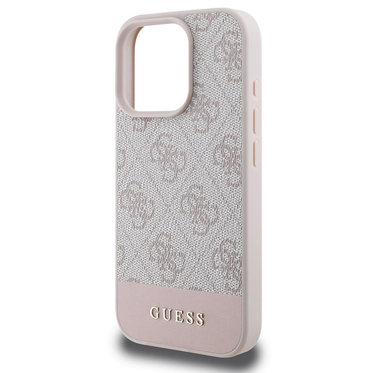 Una custodia per telefono con base rosa chiaro e un motivo di 'G' intrecciate con la parola 'GUESS' in basso.