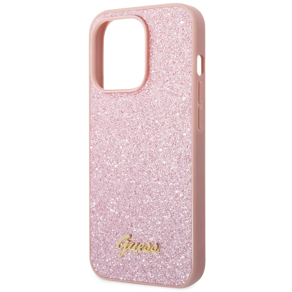 Una custodia per telefono rosa glitterata con logo 'Guess' dorato.