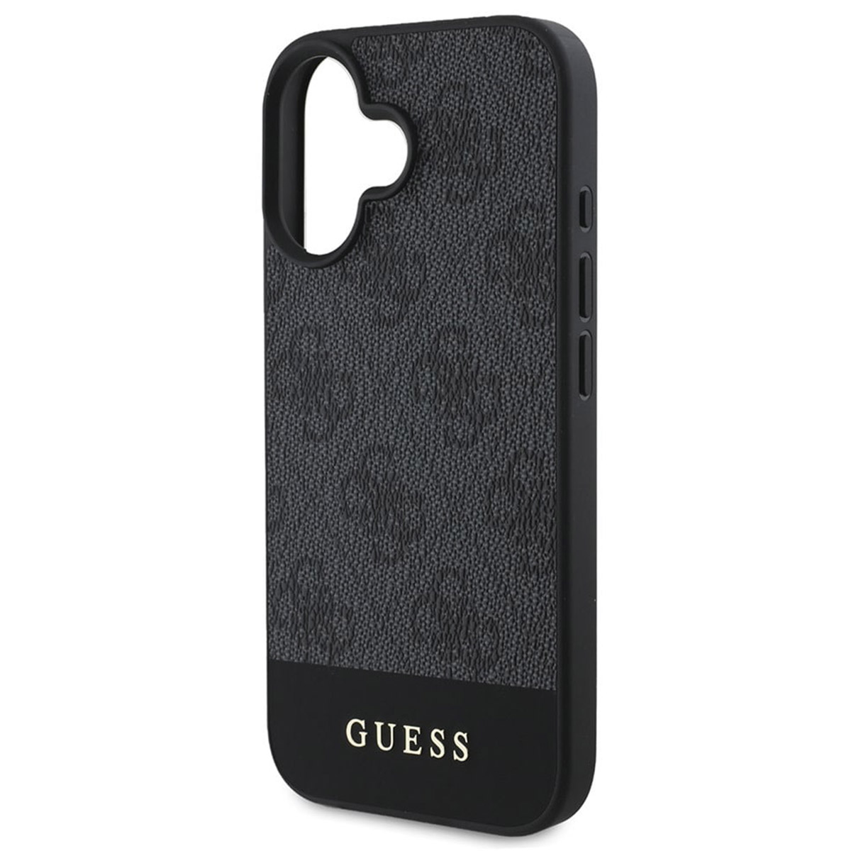 Schwarze Handyhülle mit strukturiertem Muster und dem Wort "GUESS" in Gold am unteren Rand.