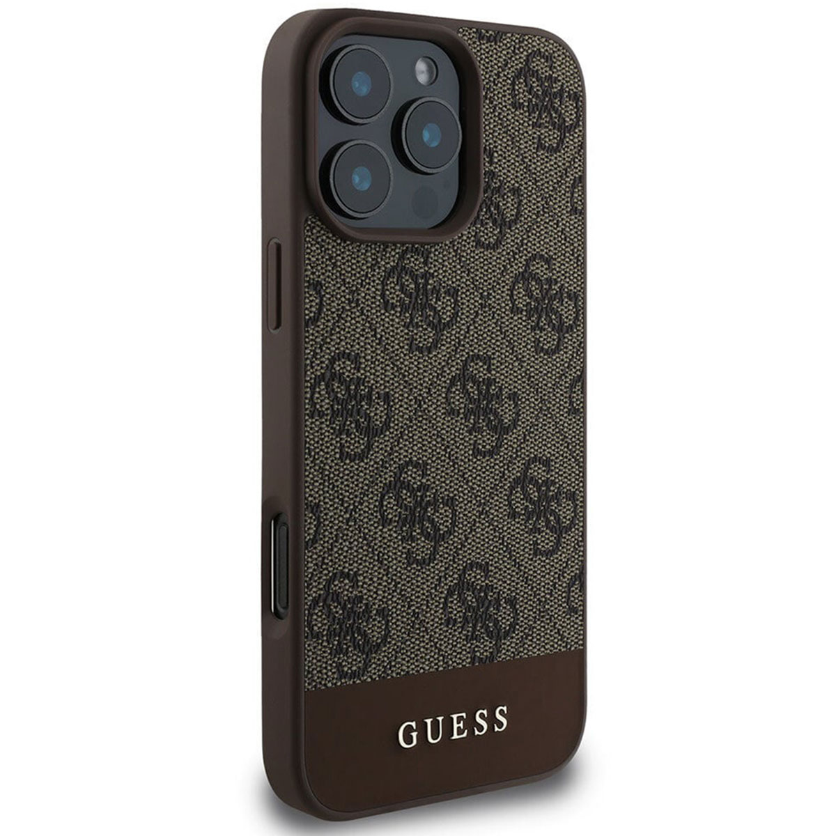 Braune Guess-Handyhülle mit Logomuster. Die Hülle ist braun mit einem Guess-Logo. Das Telefon befindet sich in der Hülle.