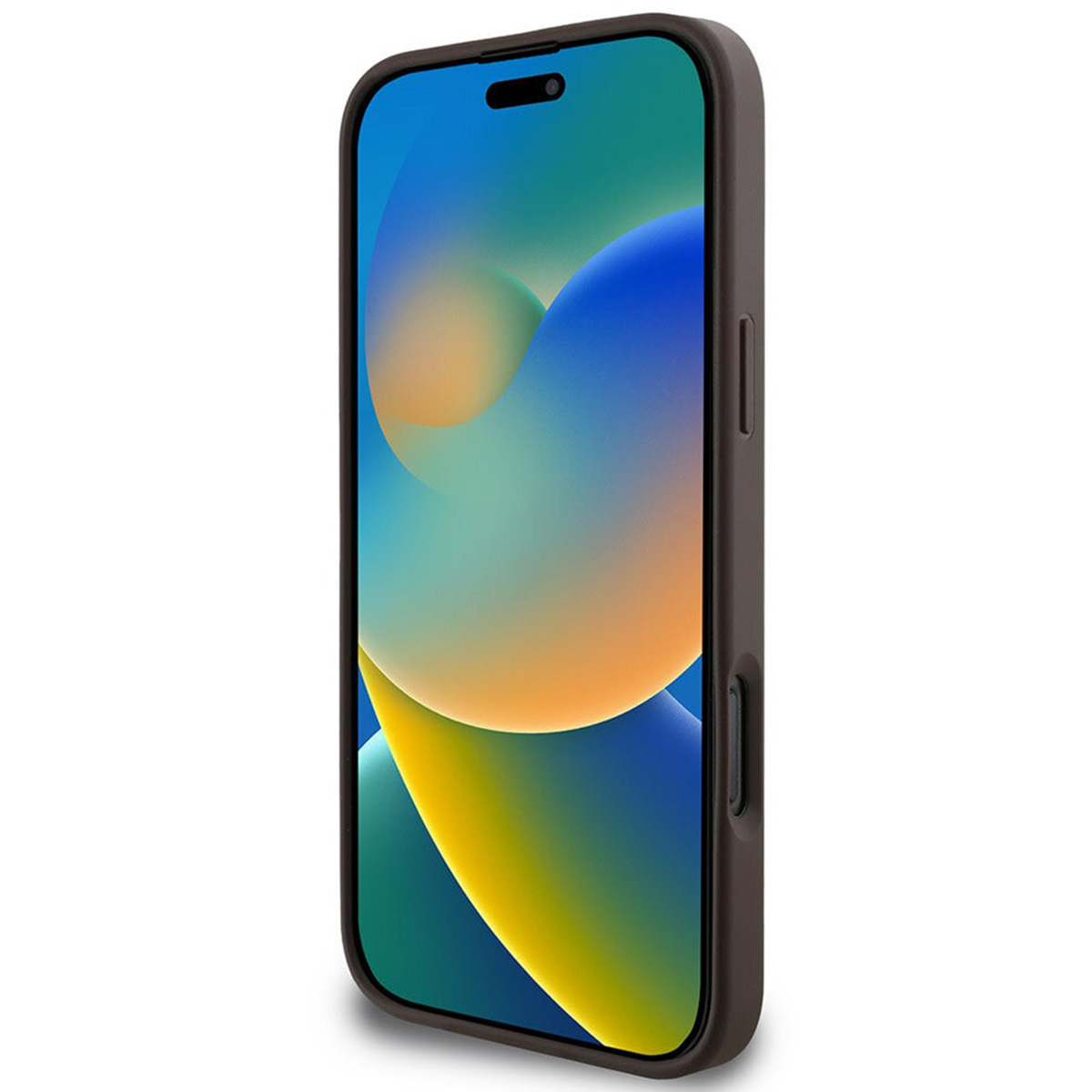 Ein iPhone in einer dunkelbraunen Hülle, das ein farbenfrohes Hintergrundbild zeigt. Das Telefon ist auf weißem Hintergrund.