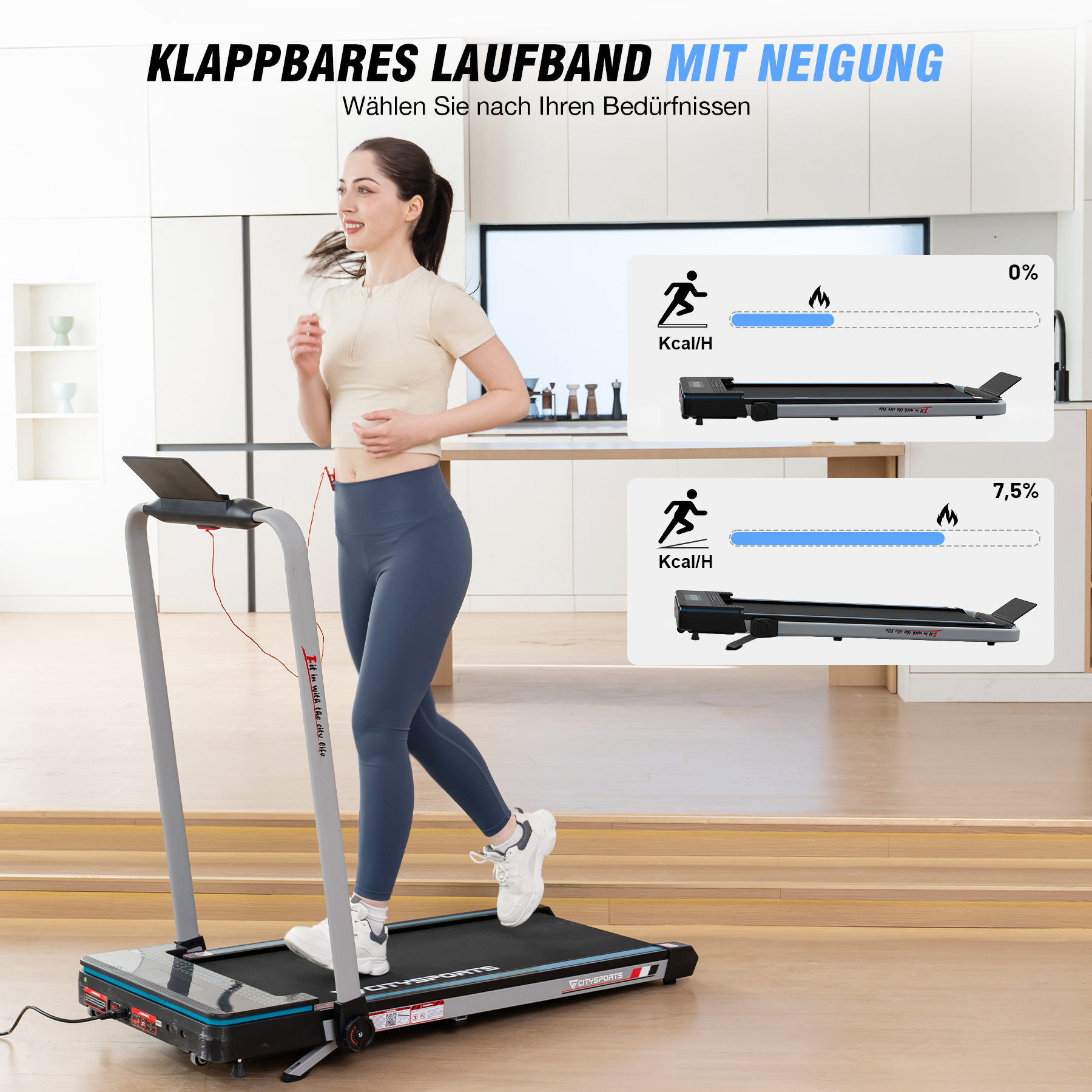 Eine Frau läuft auf einem Laufband mit Neigungsoptionen. Grafiken zeigen Kcal/H.