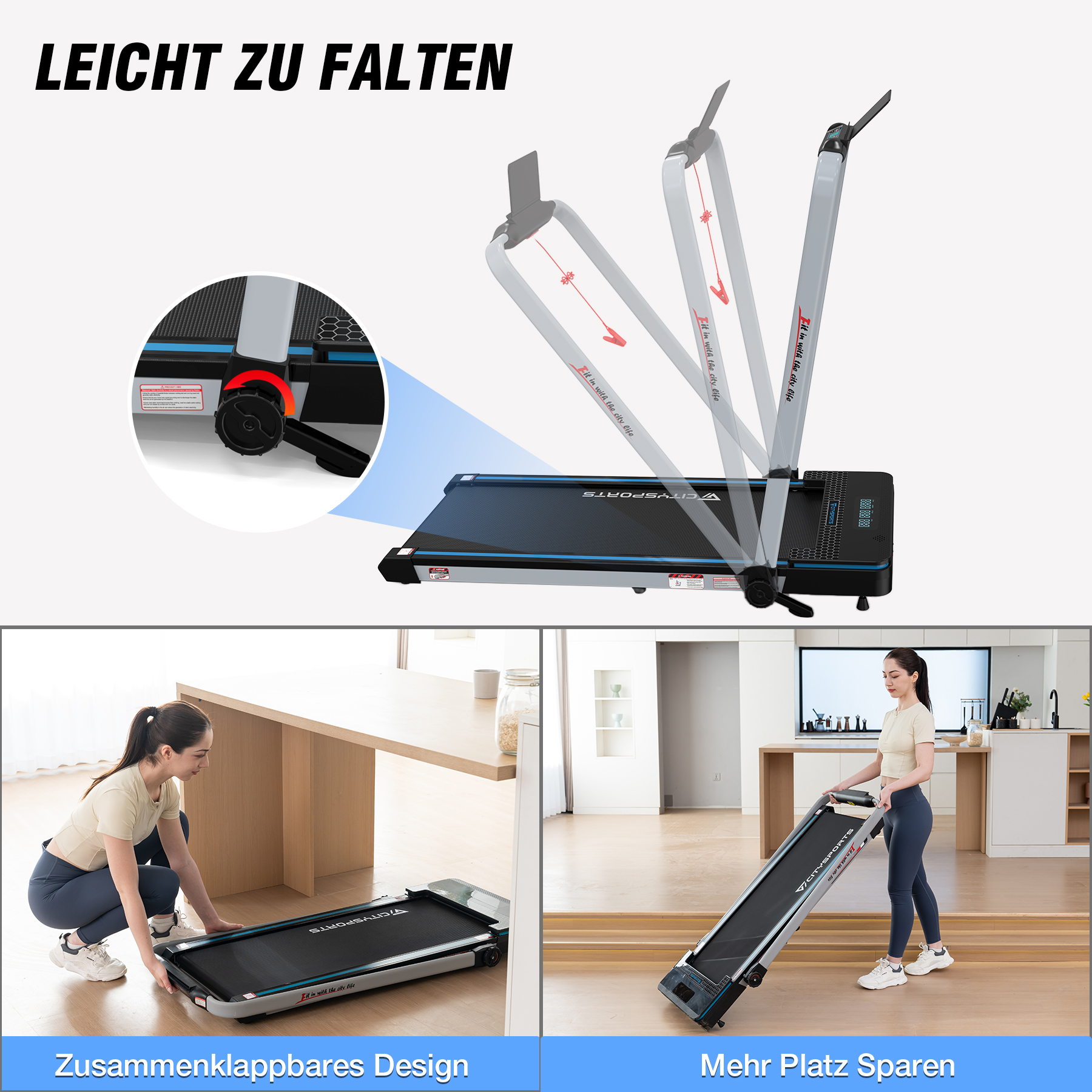 Ein zusammenklappbares Laufband. Eine Frau klappt es zusammen. Grafiken zeigen die Faltvorgänge.