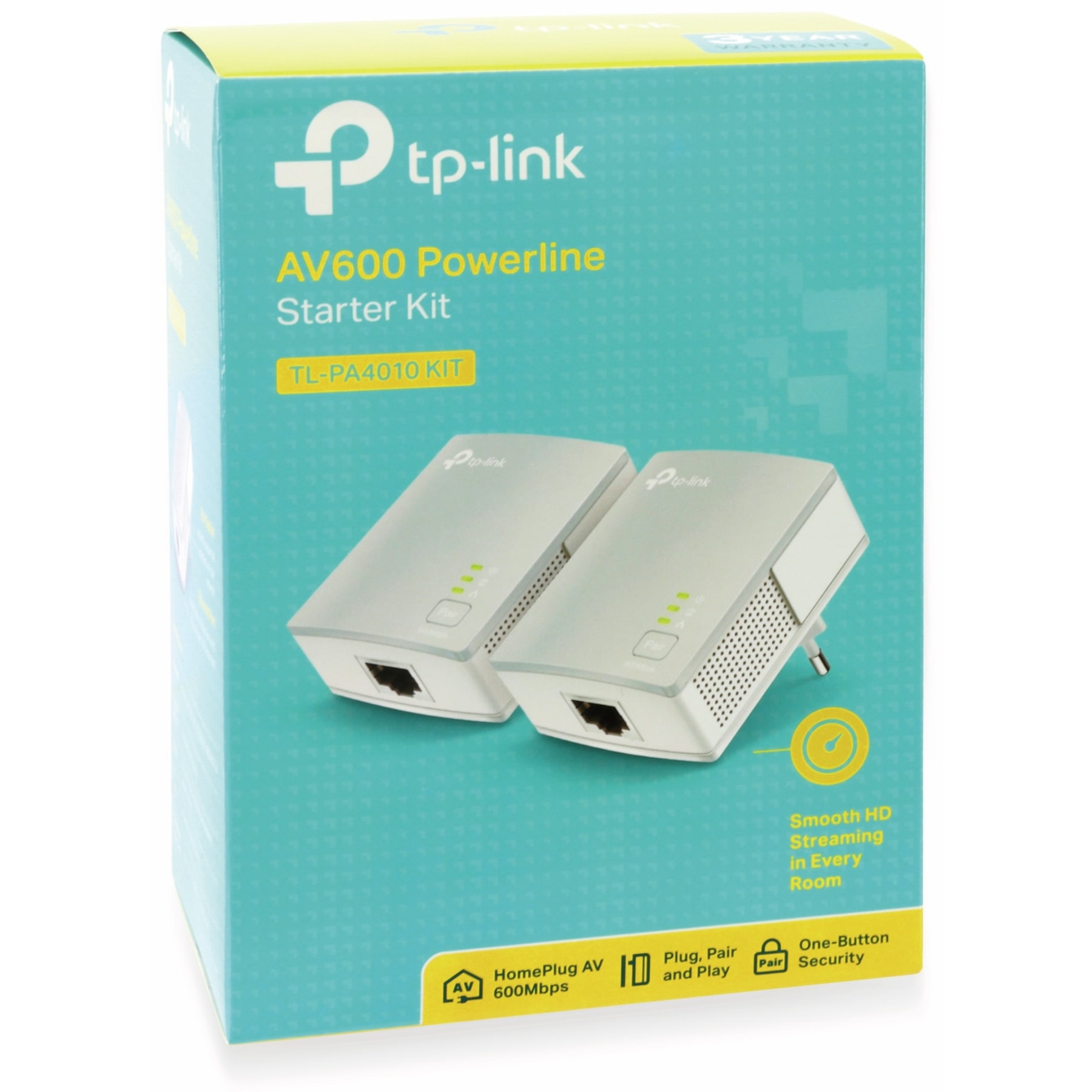 Box mit zwei Powerline-Adaptern für Heimnetzwerk, Plug-and-Play-Design.