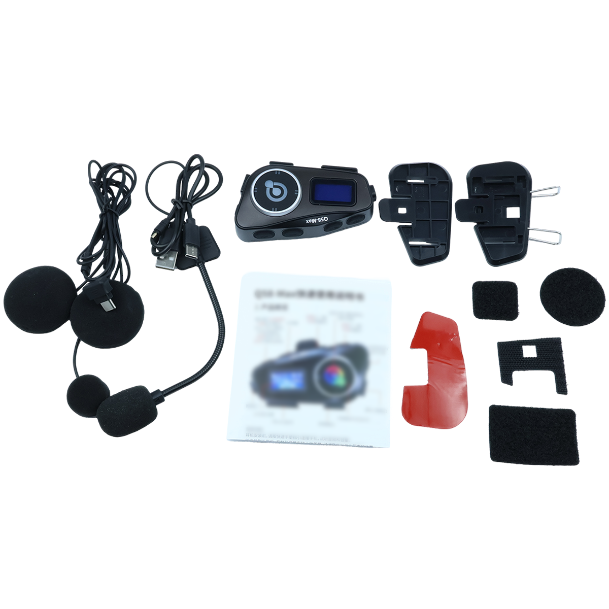 Ein Motorradhelm-Kommunikationssystem-Kit mit verschiedenen Komponenten.