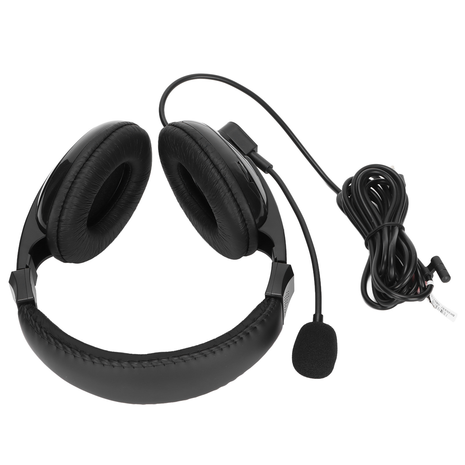 Schwarze Kopfhörer mit Mikrofon und Kabel.