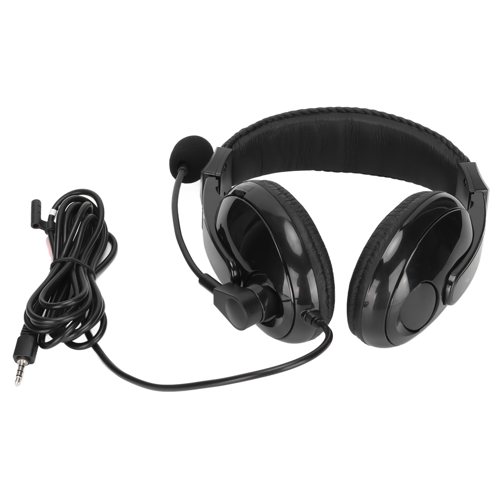 Schwarzes Headset mit Mikrofon und Kabel. Das Headset hat schwarze Ohrmuscheln.
