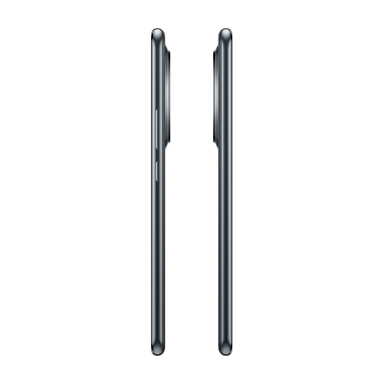 Zwei Seitenansichten eines silbernen Smartphones auf schwarzem Hintergrund, mit Knöpfen und Design.
