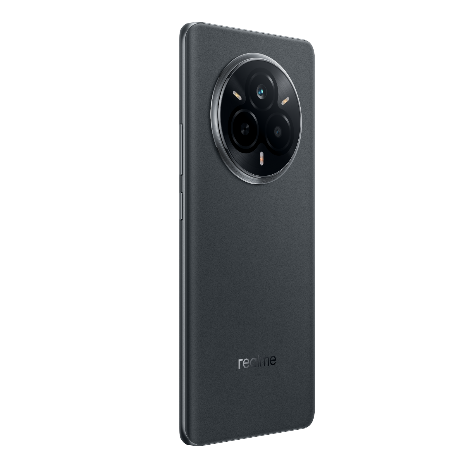 Ciemnoszary telefon z dużym modułem aparatu i logo Realme.