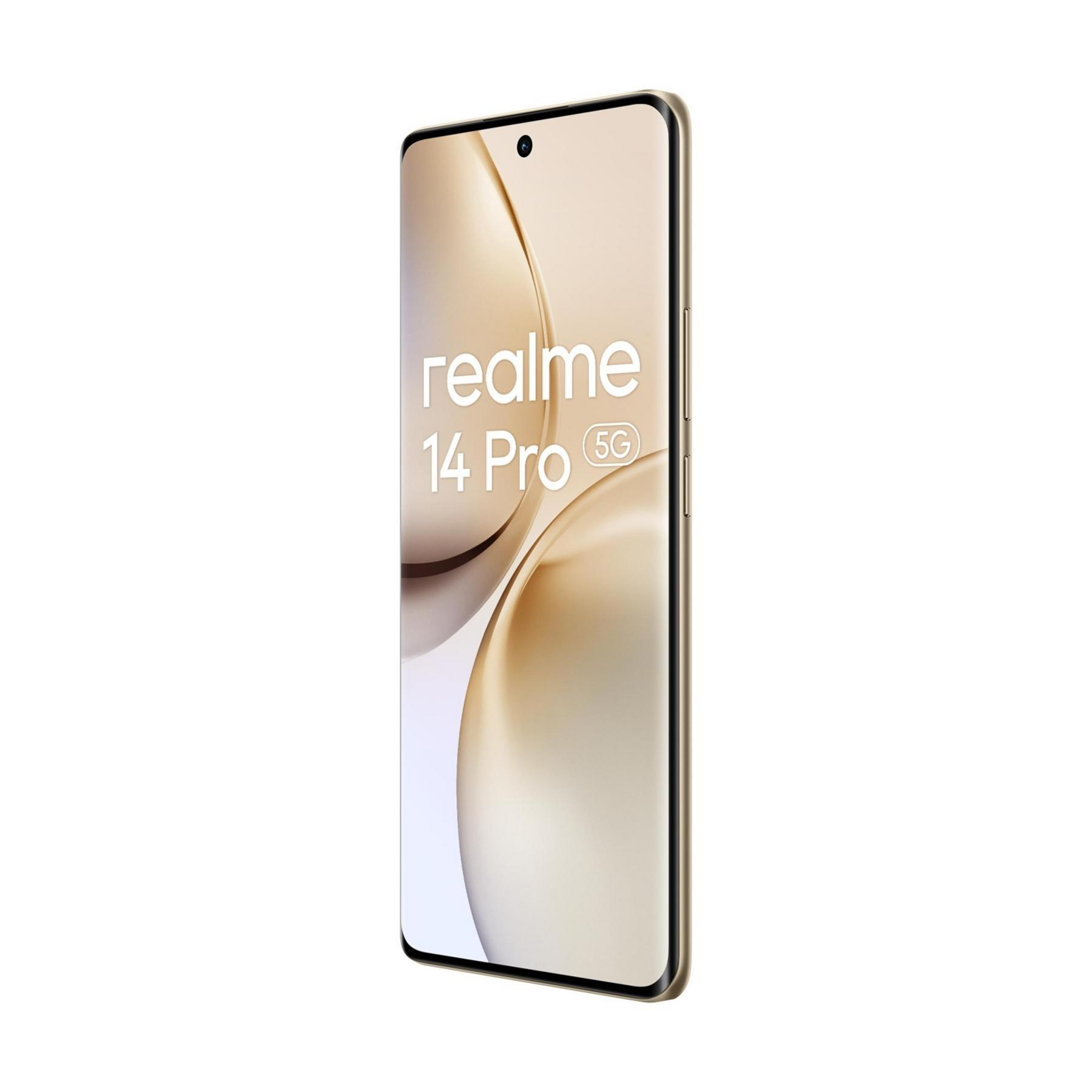 Smartfon ze złotym wykończeniem, na ekranie widnieje napis „realme 14 Pro 5G”.