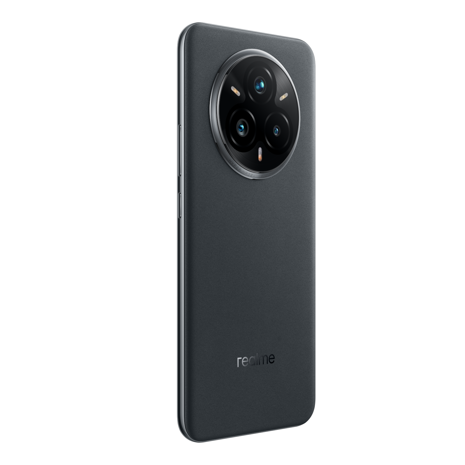 Ein dunkelgraues Smartphone mit Dreifachkameras und Realme-Logo.