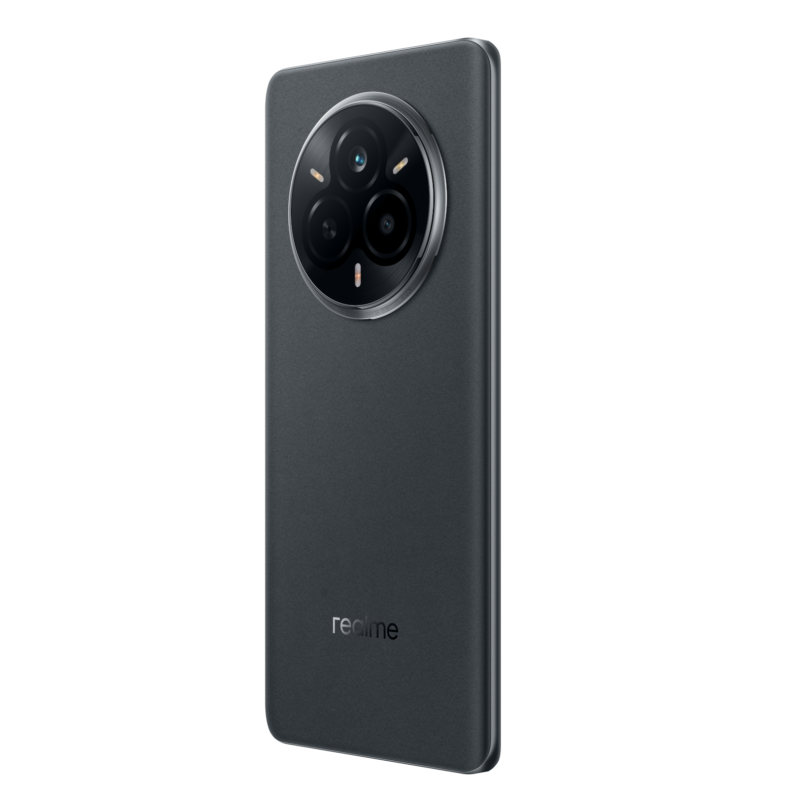 Ciemnoszary telefon z dużą, okrągłą obudową aparatu i logo Realme.