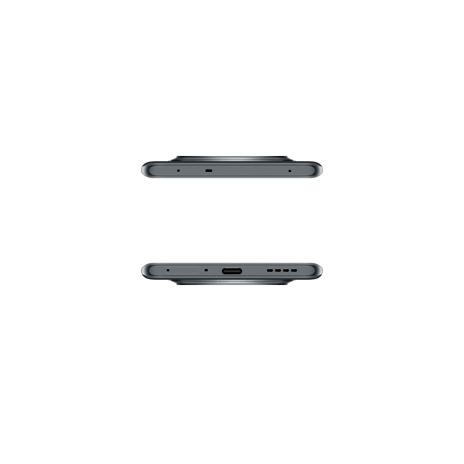 Zwei Ansichten der oberen und unteren Kanten eines schwarzen Smartphones.