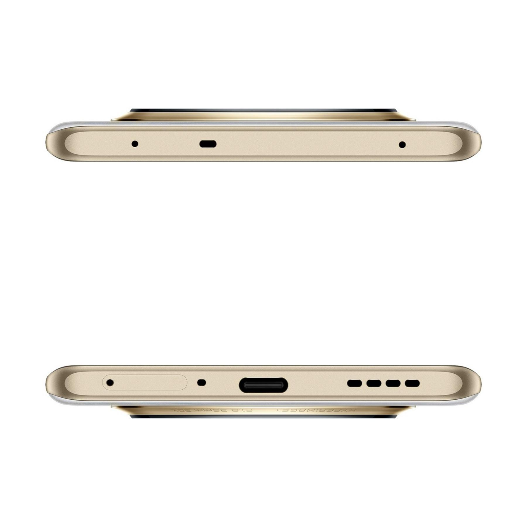 Zwei Ansichten eines goldfarbenen Smartphones. Die Draufsicht hat Lautsprecher, Mikrofon und Loch. Unten USB-C-Anschluss.