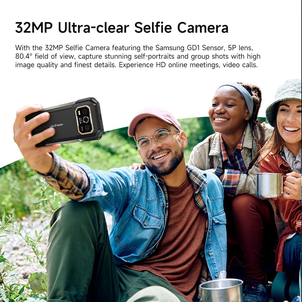Tre persone che fanno un selfie con un telefono nero. Il testo dice 'Fotocamera selfie ultra nitida da 32MP'.