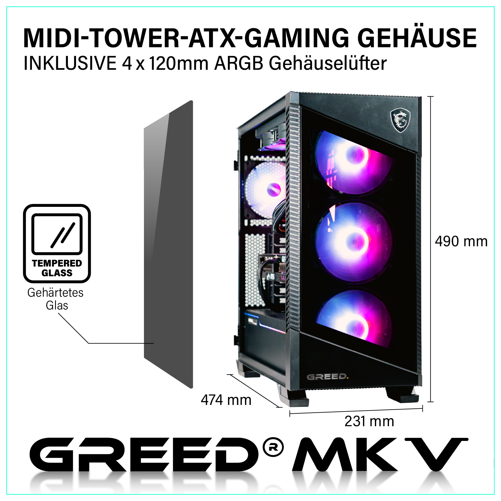 Czarna obudowa komputera do gier ze szklanym panelem bocznym, z wentylatorami RGB i widokiem z przodu.