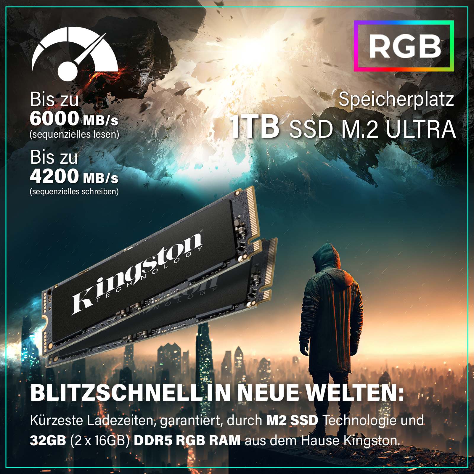 Dwa czarne dyski SSD ułożone jeden na drugim. Tekst: 1TB SSD M.2 ULTRA, Kingston. Tło futurystycznego krajobrazu miejskiego.
