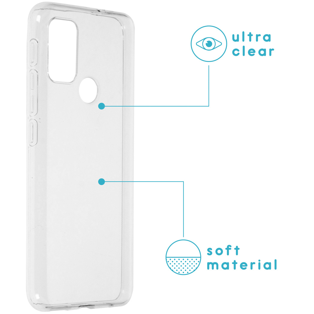 Transparente Handyhülle mit Seitentasten und Text: Ultra klar, weiches Material.