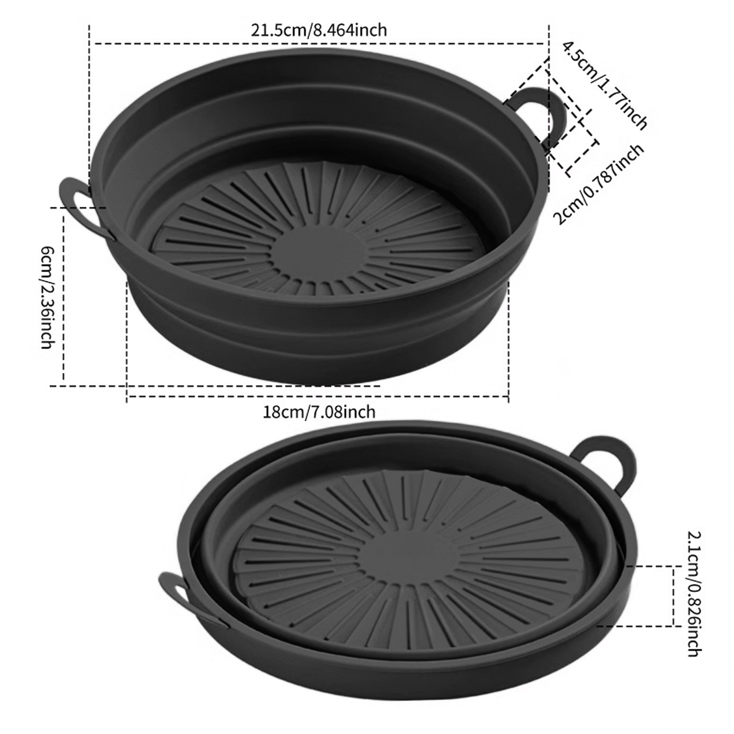 Schwarze, zusammenklappbare Silikonschale mit Maßen in Zentimetern und Zoll.