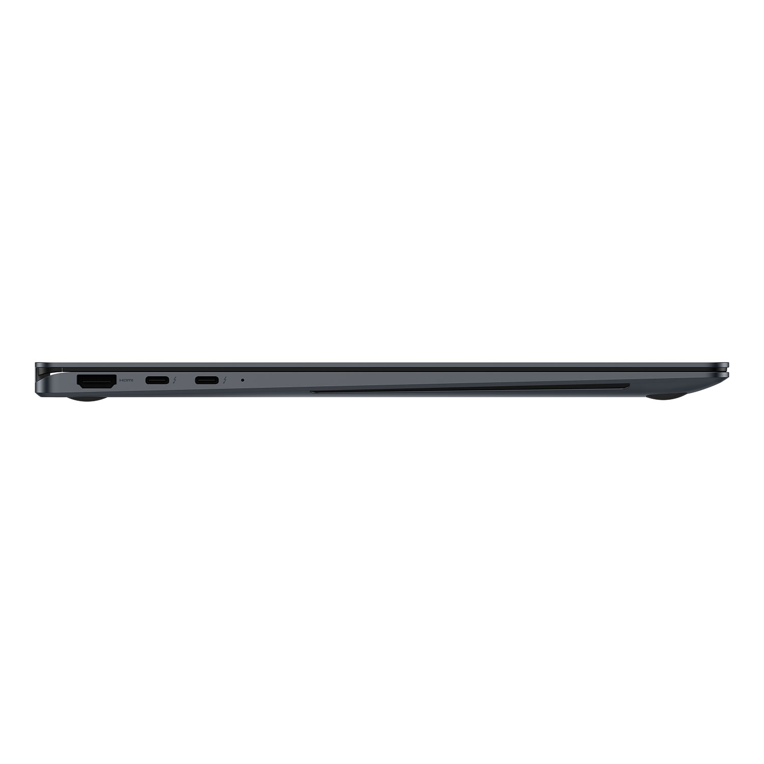 Seitenansicht eines geschlossenen, dunkelgrauen Laptops. Der Laptop ist dünn und hat Anschlüsse an den Seiten.