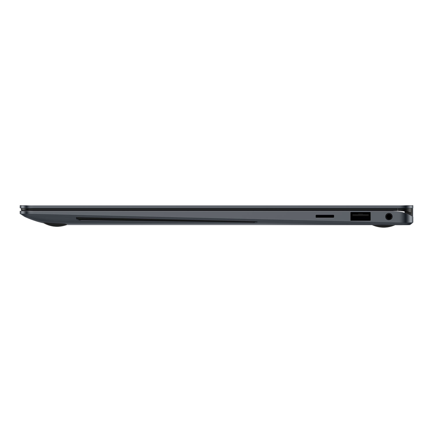 Seitenansicht eines Laptops mit Anschlüssen und elegantem Design.