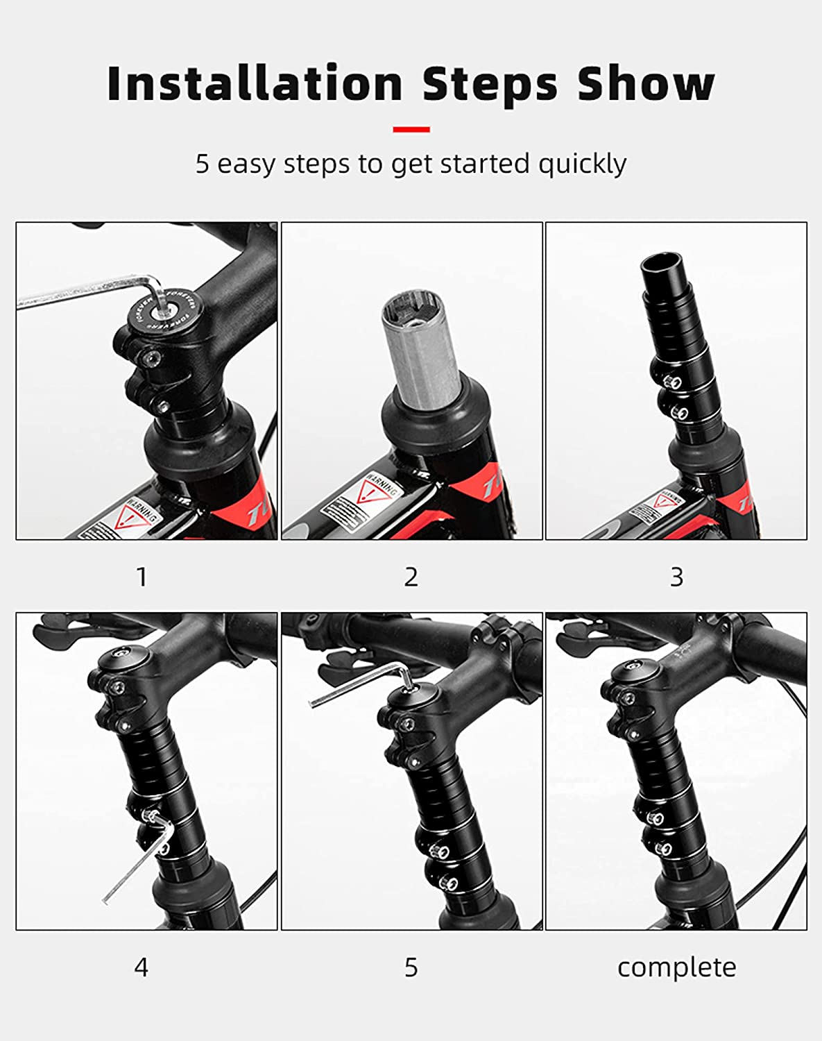 Instrukcja krok po kroku dotycząca montażu wspornika kierownicy roweru, pokazująca proces montażu.