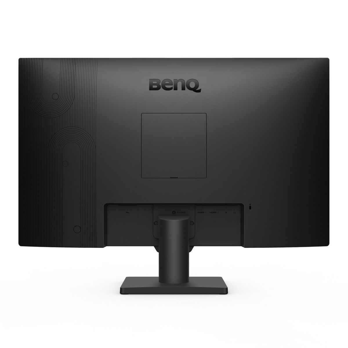 Czarny monitor BenQ, widok z tyłu, z portami i podstawką. Logo BenQ widoczne.