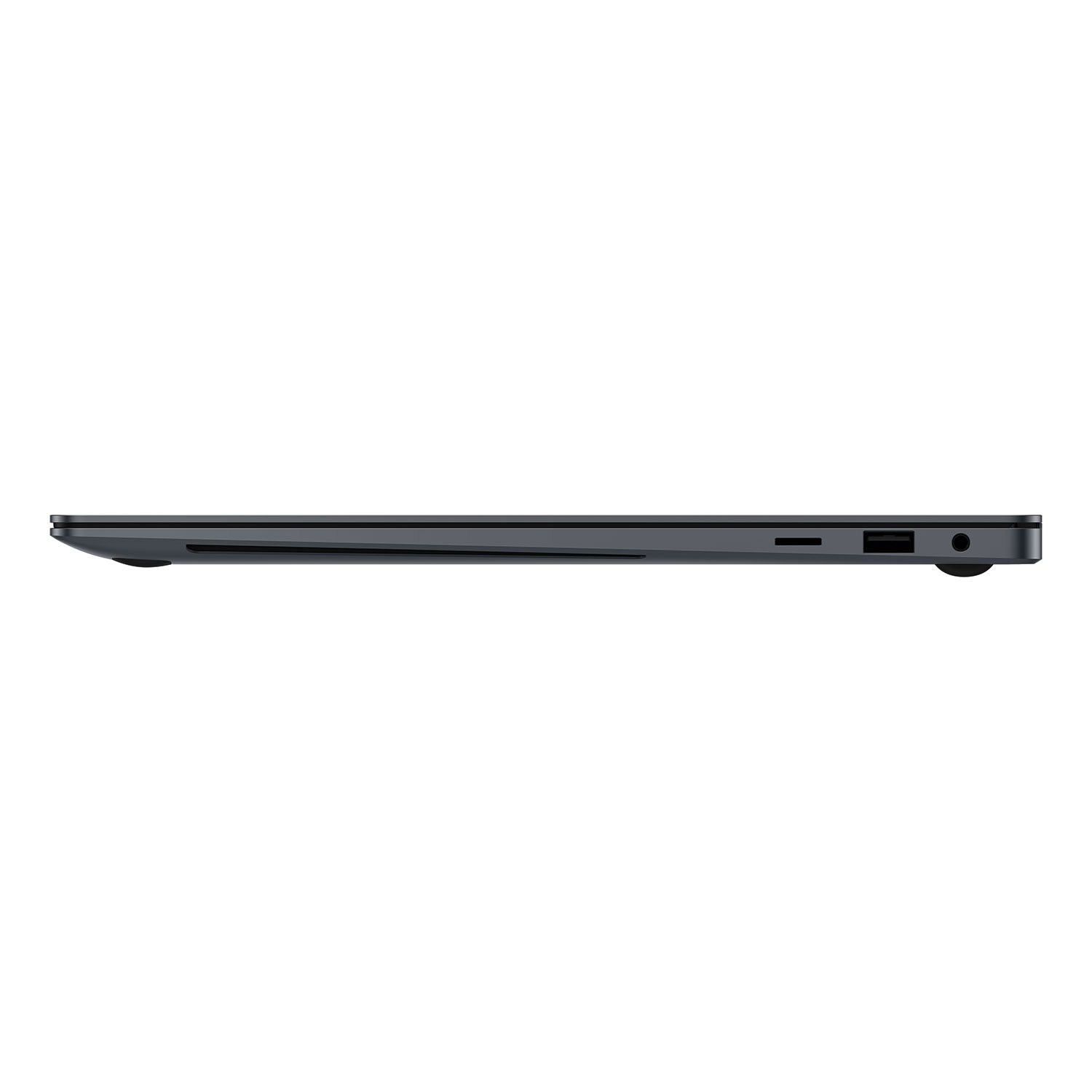 Seitenansicht eines dunkelgrauen Laptops, dünn und elegant. Anschlüsse an der Seite sichtbar.