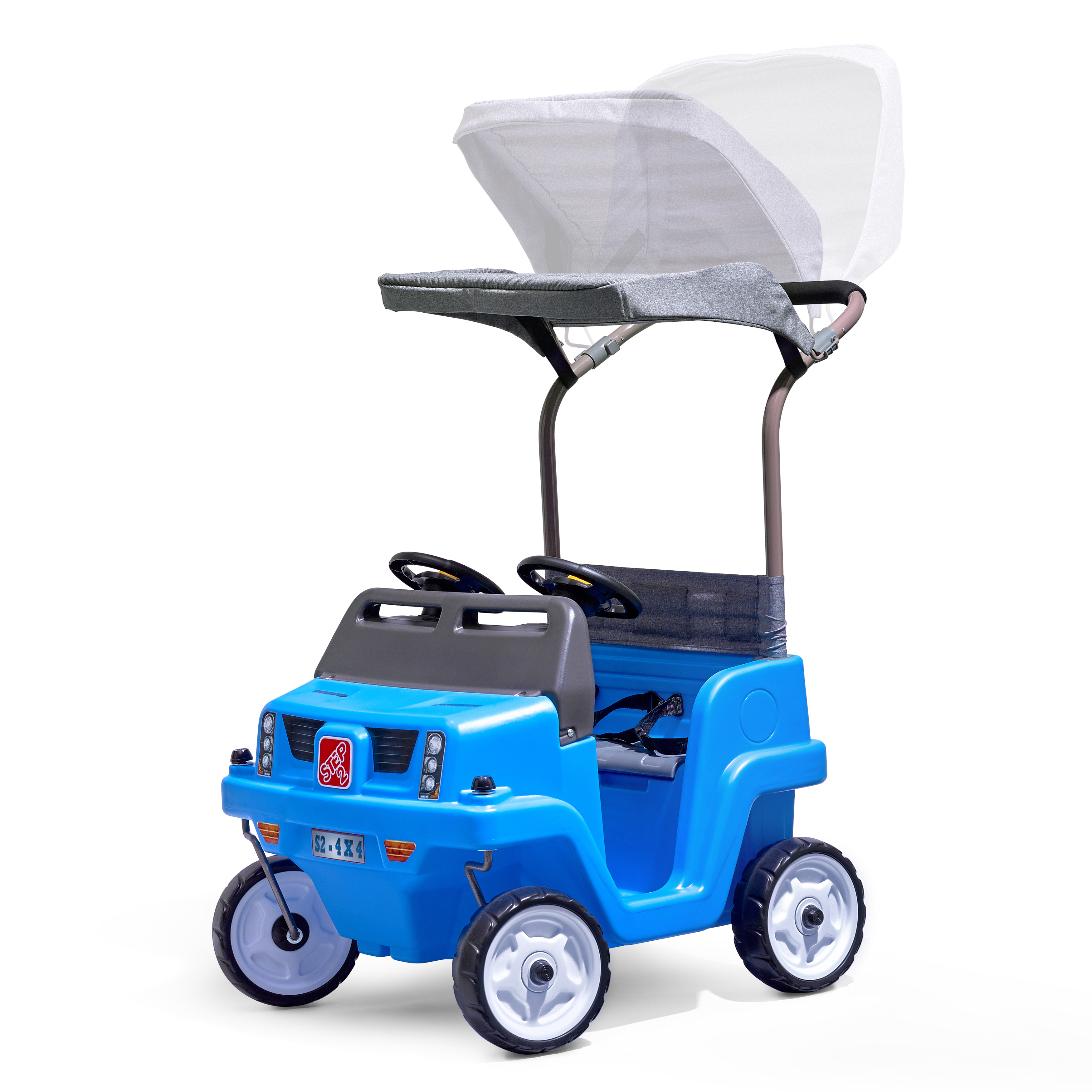 Ein blaues Spielzeugauto mit einem weißen Verdeck. Das Auto hat ein Lenkrad und einen grauen Sitz. Es ist auf weißem Hintergrund.
