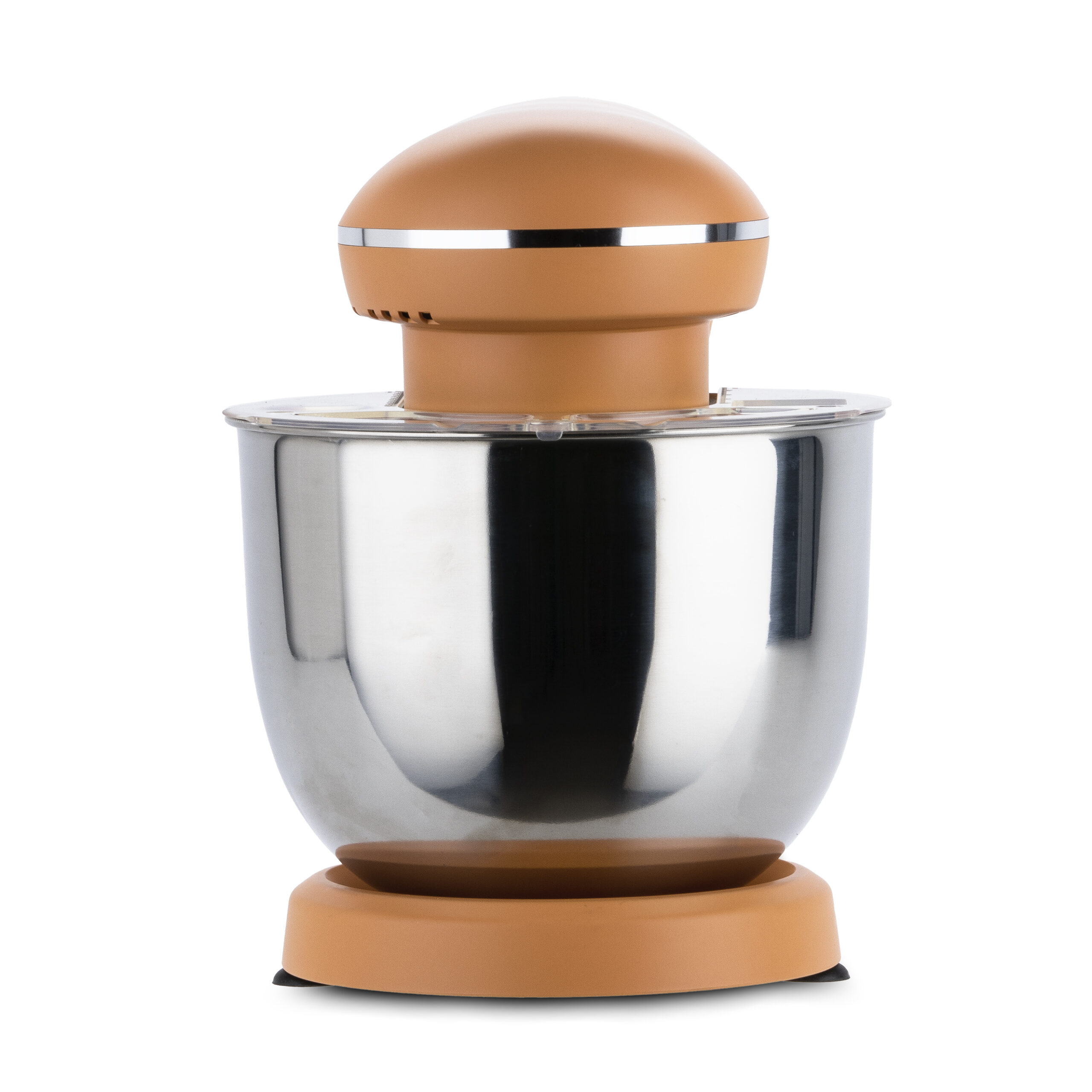 Mikser z brązową górą i misą ze stali nierdzewnej, na białym tle.