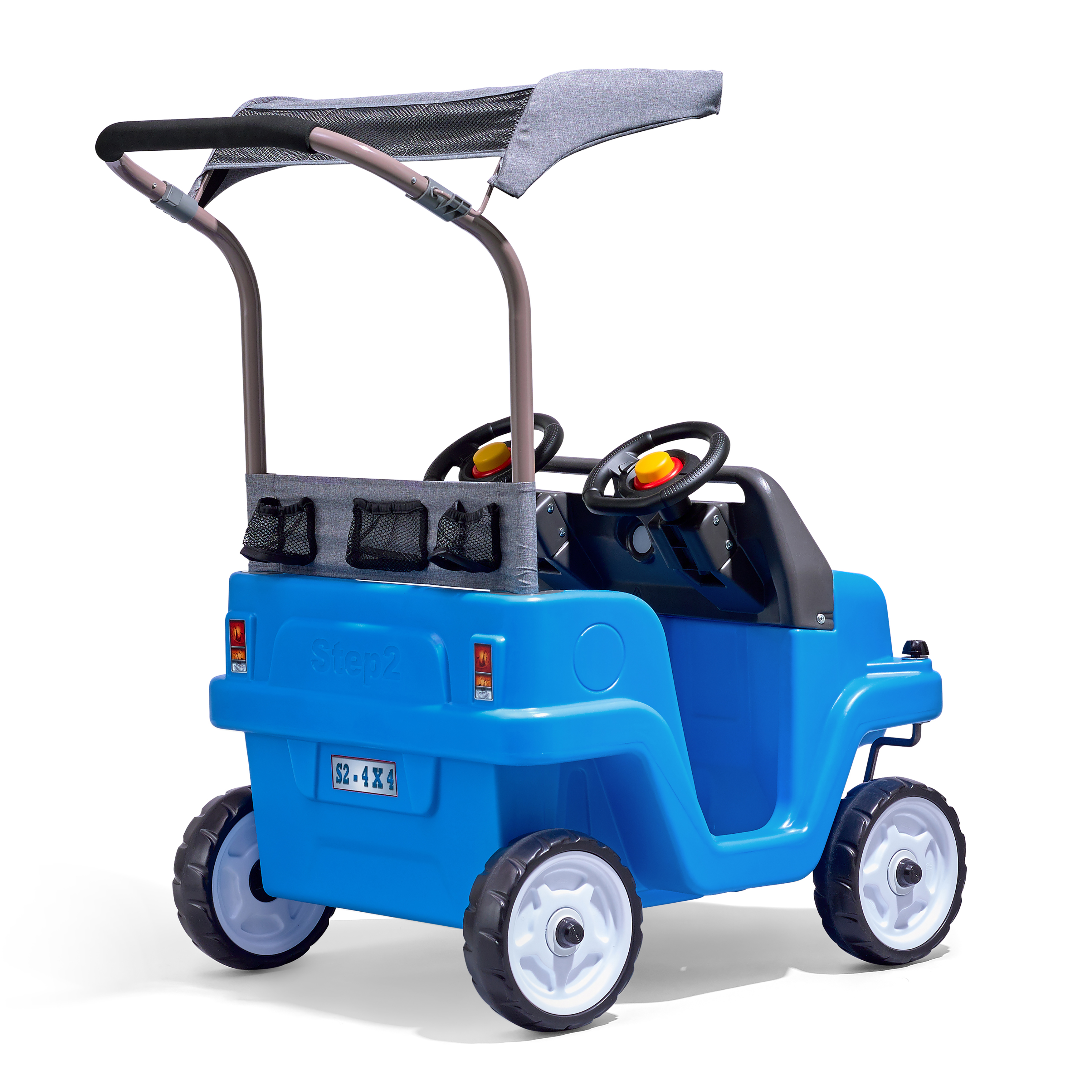 Blaues Spielzeugauto mit grauem Verdeck und zwei Lenkrädern, entworfen für Kinder zum Fahren.