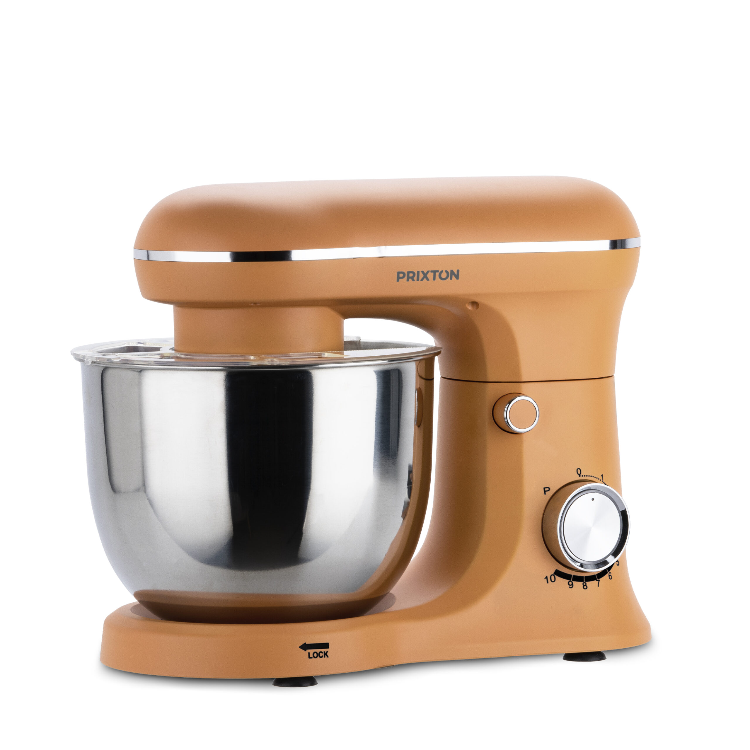 Pomarańczowy mikser stojący. Miska ze stali nierdzewnej, pokrętło i marka Prixton.