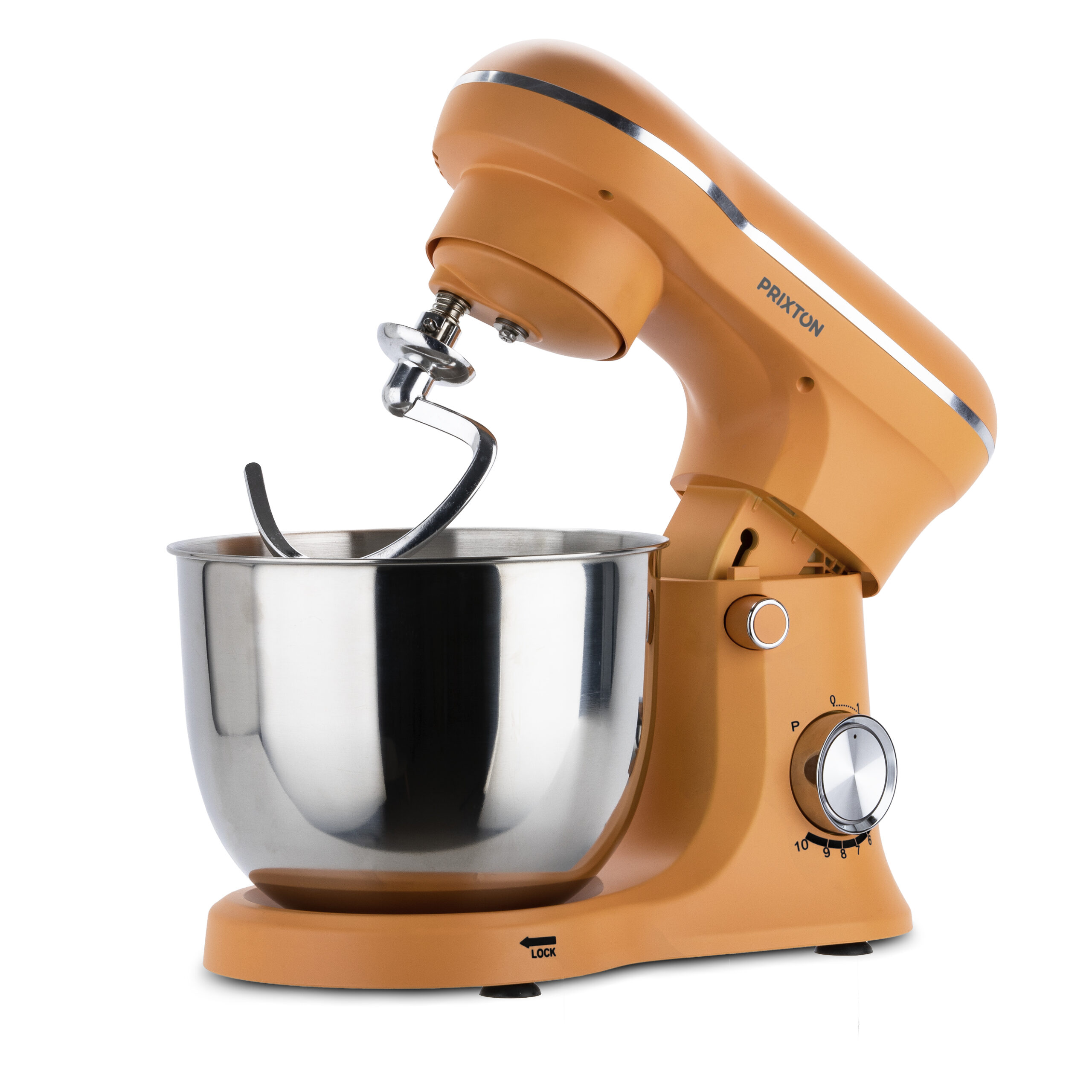 Pomarańczowy mikser stojący ze stalową misą i końcówką do wyrabiania ciasta. Elementy sterowania z boku.