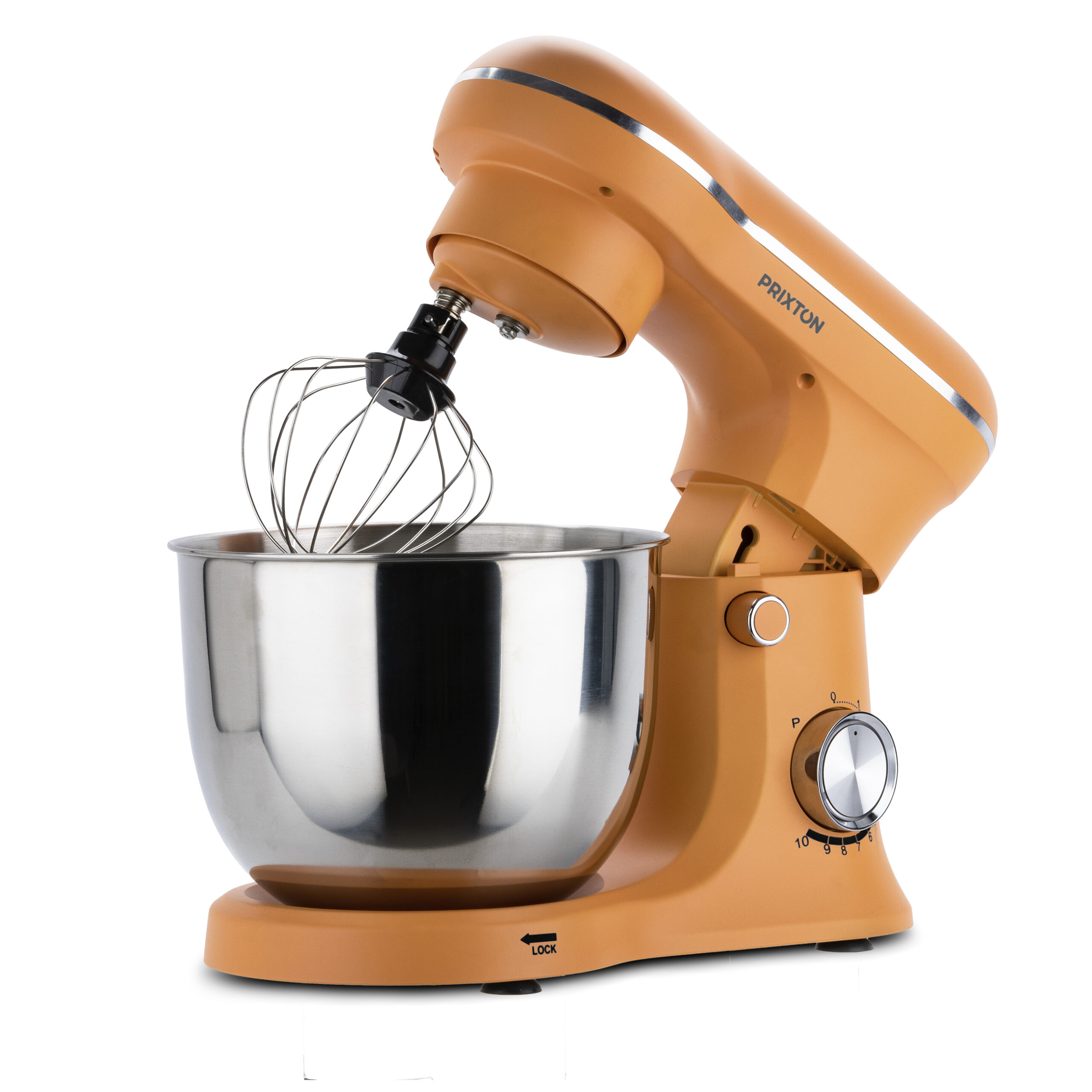 Mikser stojący z beżowym korpusem, srebrną miską i końcówką do ubijania.