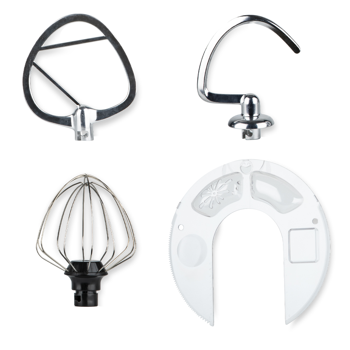 Końcówki do miksera kuchennego. Zawiera płaskie mieszadło, hak do ciasta, trzepaczkę i osłonę przeciwbryzgową.