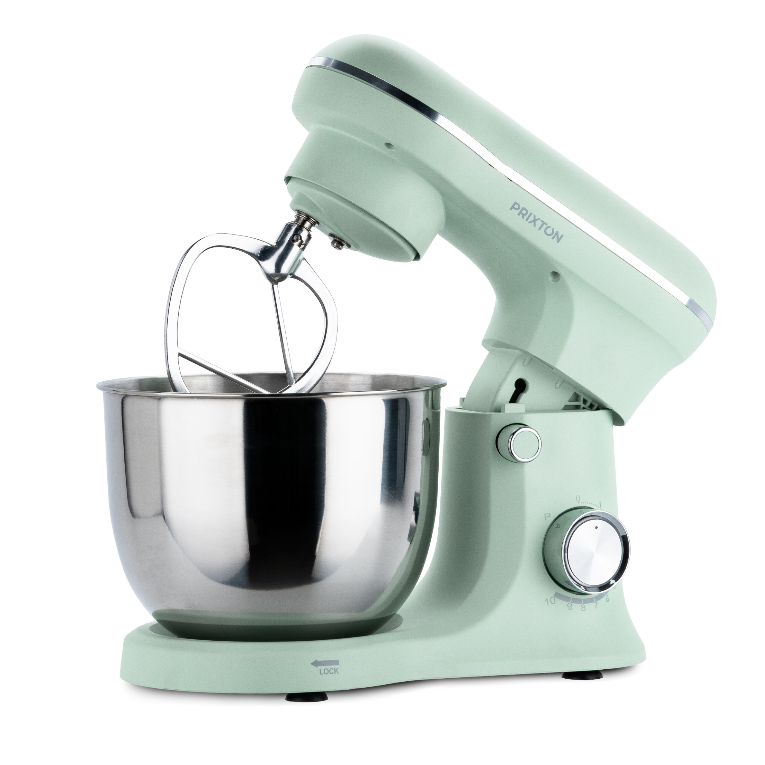 Miętowy mikser z metalową misą i mieszadłem. Widoczne elementy sterujące i nazwa marki.