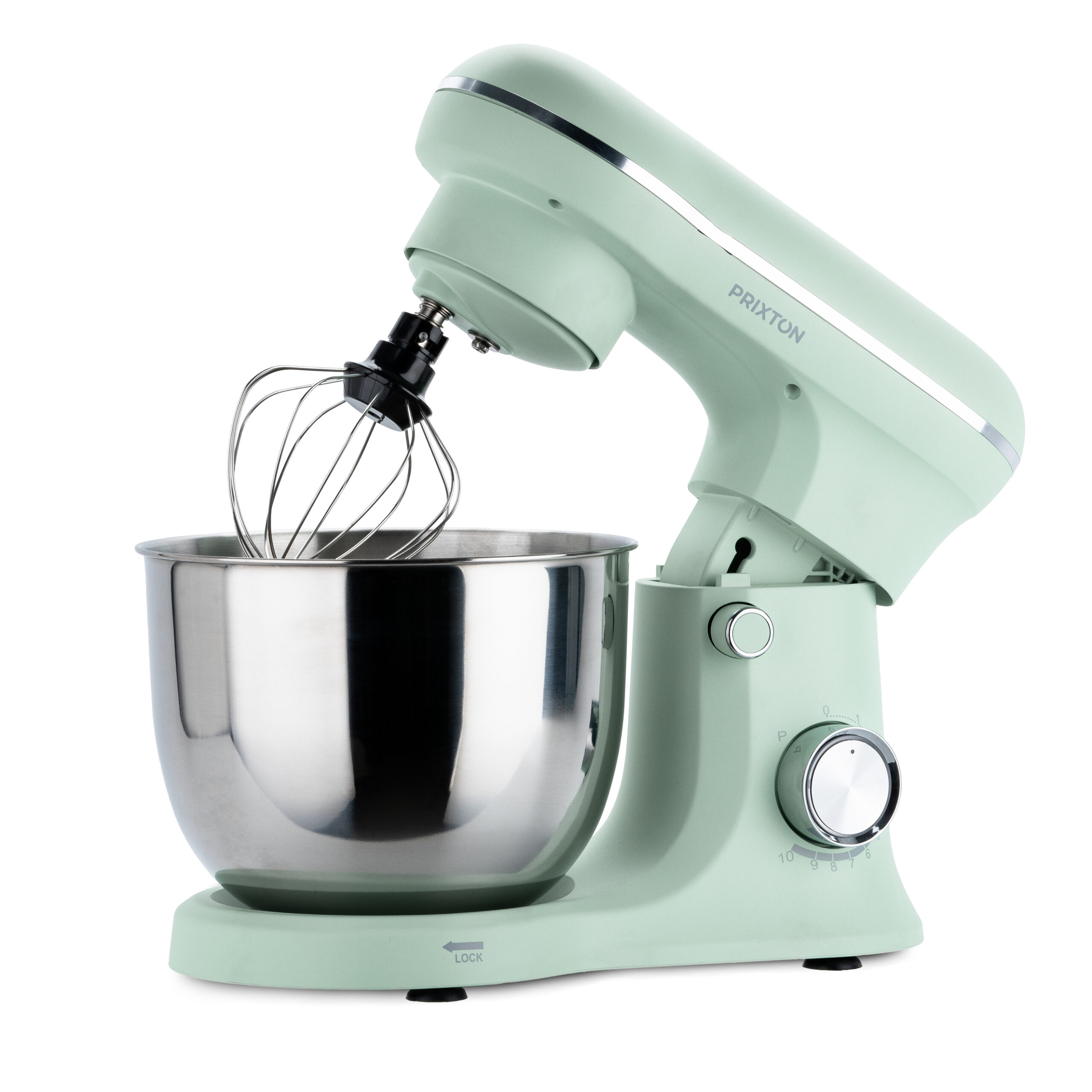 Miętowy mikser stojący ze stalową misą i końcówką do ubijania.