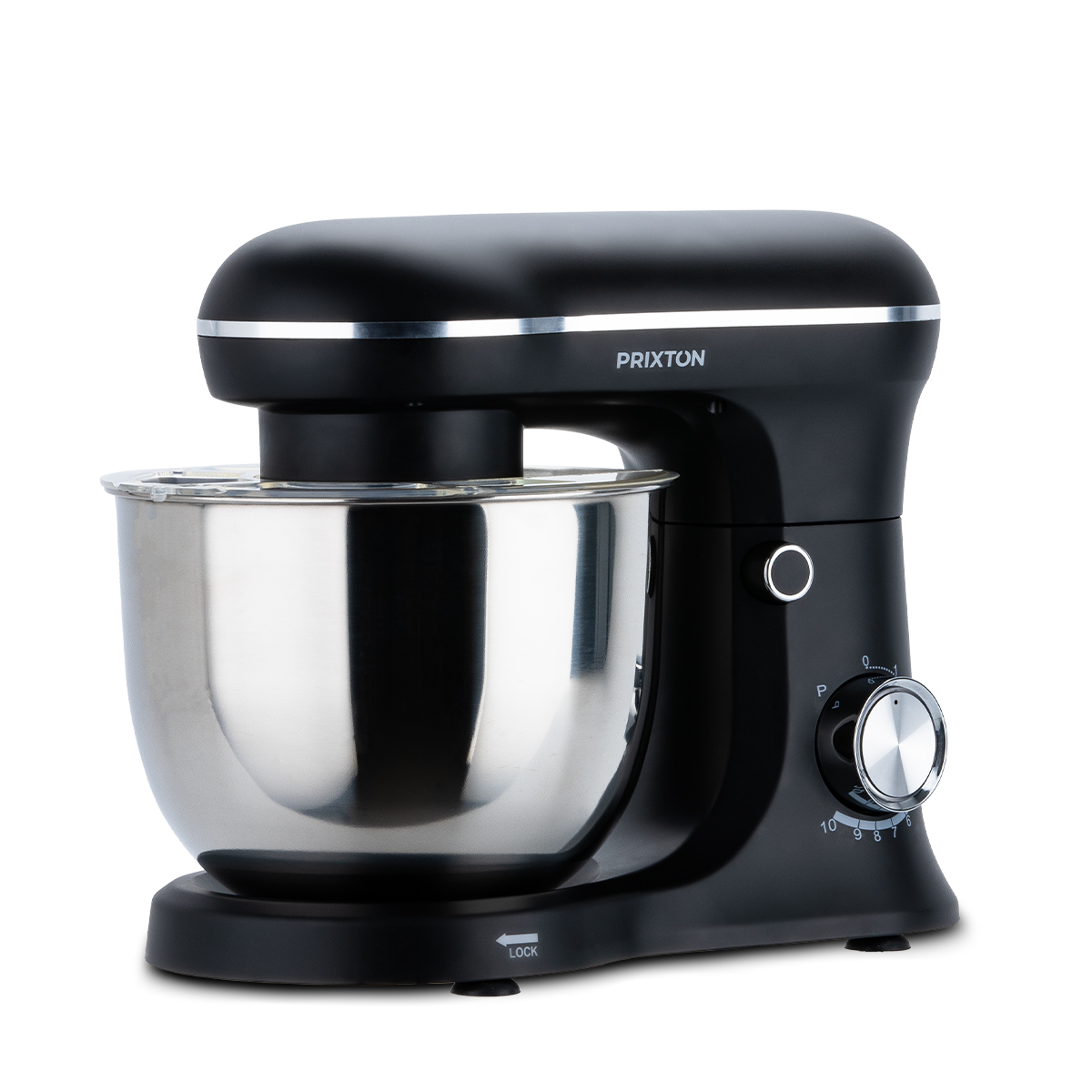 Czarny mikser stojący z błyszczącą srebrną misą. Widoczna nazwa marki 'PRIXTON'.